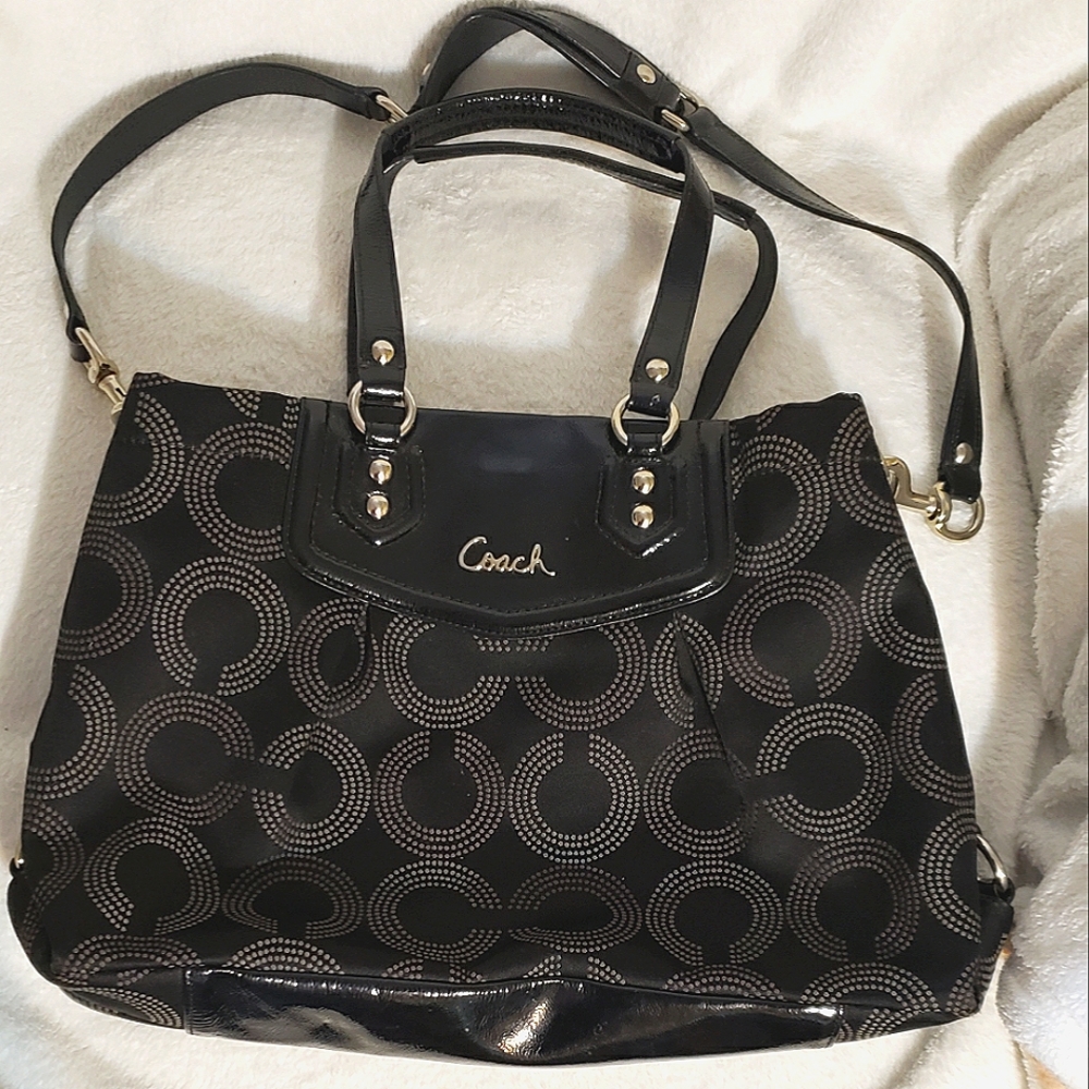 COACH Ashley Black Dotted Op Art Large Patent Leather Shoulder Bag F20049